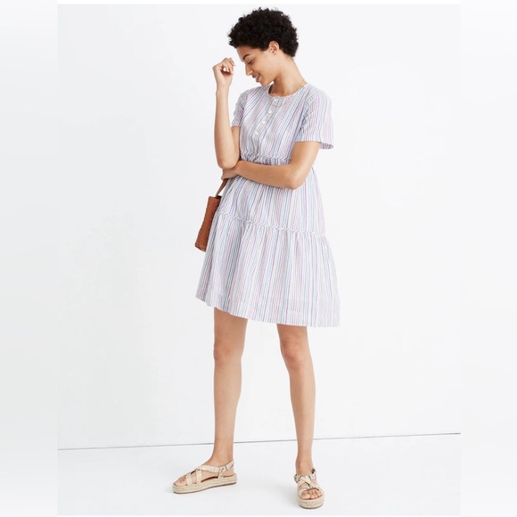 Madewell Dress Mini Striped Crewneck Button Front Tiered Item AO242 Size Medium - Picture 6 of 10